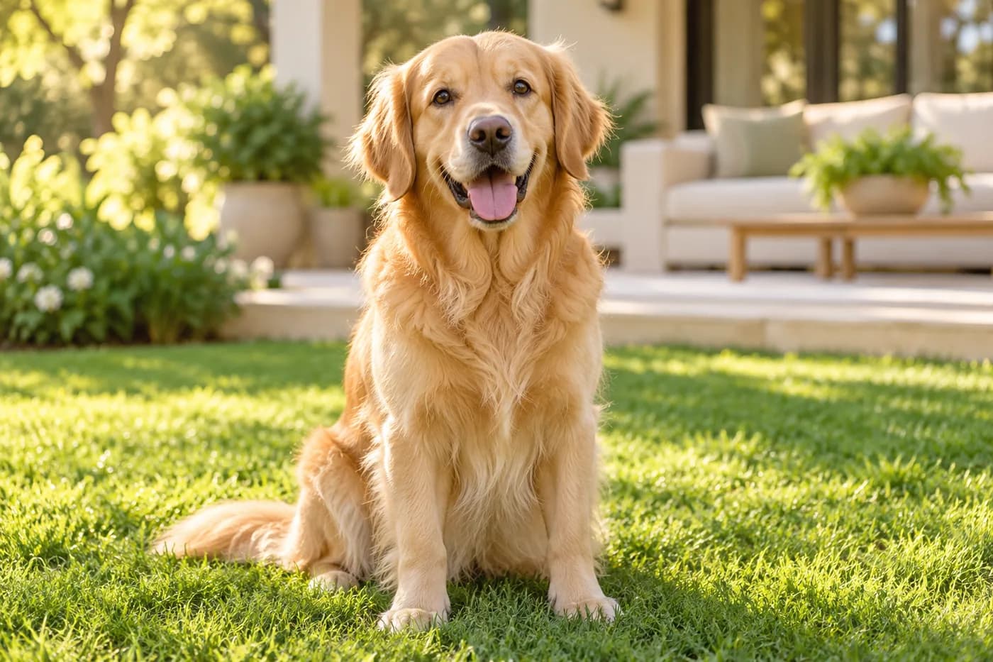 Golden retriever tranquilo em um jardim