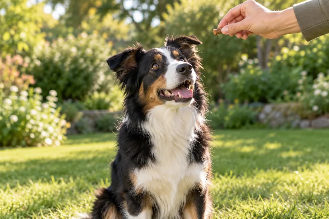 Adestramento positivo com um cão atento a uma recompensa